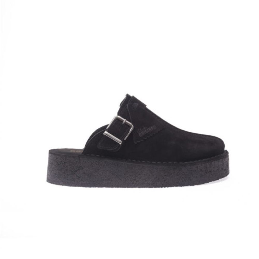 Clarks Black Platform Mules with Adjustable Buckle